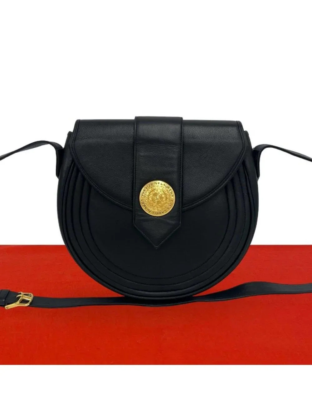Saint Laurent Yves Vintage Round Logo Leather Shoulder Bag Black